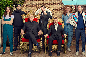 Taskmaster. Image shows from L to R: Charlotte Ritchie, Jamali Maddix, Greg Davies, Mike Wozniak, Alex Horne, Sarah Kendall, Lee Mack. Copyright: Avalon Television